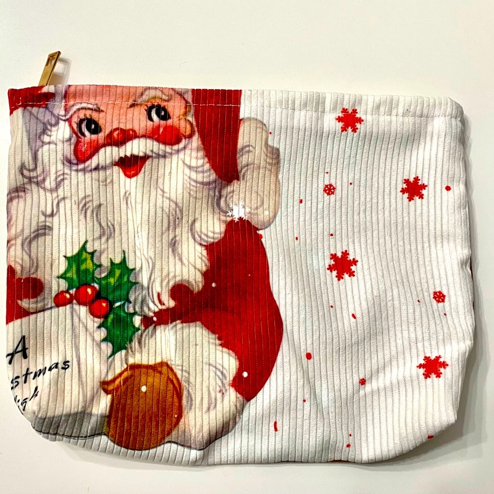 New Santa Claus Christmas Holiday Red White Green Corduroy Zip Bag Pouch Clutch